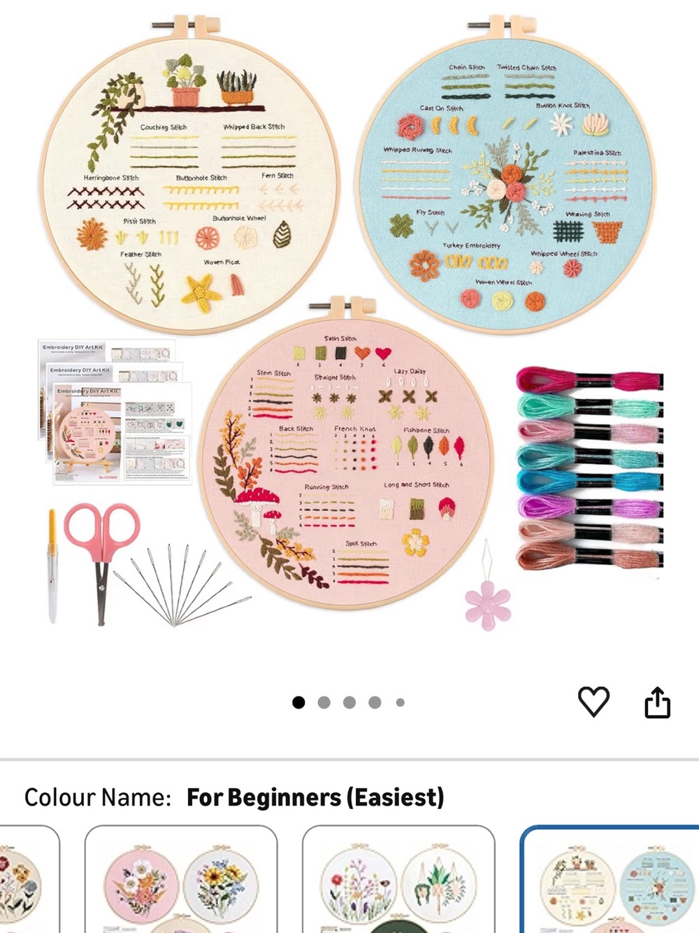 Embroidery Starter Kit with 3 Practice Designs and Floss - Pink, Blue, Cream